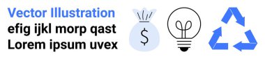 Finansal planlama, yaratıcılık, çevre bilinci, para yönetimi, enerji çözümleri, geri dönüşüm. Para çantası, ampul ve geri dönüşüm ikonu. Mali ve yaratıcılık kavramları dengede