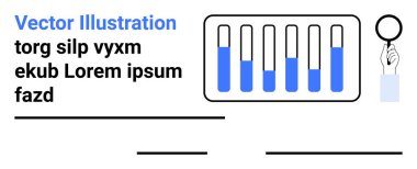 Magnifying glass inspecting blue-bar chart with text placeholders and underlines. Ideal for data analysis, research, growth tracking, business solutions, academic purposes, presentation visuals