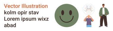 Akıl sağlığı, duygusal sağlık, farkındalık, stres yönetimi, kişisel gelişim, mutluluk. Mutlu bir yüz, düşünen bir insan ve bir figür. Zihinsel sağlık ve duygusal sağlık...