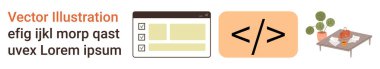 Web geliştirme, kodlama, iç dekorasyon, teknoloji, programlama, çalışma alanı kurulumu. Bir tarayıcı arayüzü, bir kodlama sembolü ve bitki ve çay setli bir masa. Web geliştirme ve kodlama
