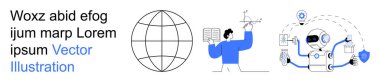 Çevrimiçi eğitim, küresel bağlantı, yapay zeka, yenilik, veri güvenliği, dijital dönüşüm. Globe, kitapları olan bir öğretmen ve teknolojik elementleri olan bir robot. Eğitim