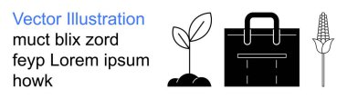 Sürdürülebilirlik, tarım, ticaret, kurumsal büyüme, çevre dostu uygulamalar, gıda üretimi. Minimum dizaynlı bir bitki filizi, evrak çantası ve mısır ikonu. Sürdürülebilirlik ve tarım görselleri