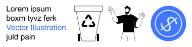 Çevresel sürdürülebilirlik, atık yönetimi, mali etki, çevre dostu uygulamalar, geri dönüşüm bilinci, sorumlu tüketim. Geri dönüşüm sembolü, insan figürü ve dolar işareti olan çöp kutusu.