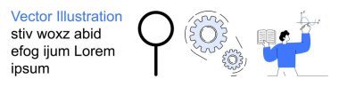 Yenilik, problem çözme, analitik, teknoloji, iş çözümleri, araştırma. Vites iyonu, büyüteç ve açık kitap ve grafiği olan insan. Yenilik ve problem çözme kavramı