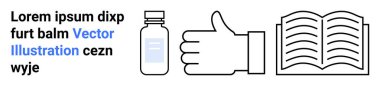 Eğitim, sağlık, markalaşma, onay, okuma, ürün tasarımı. Görüntü bir şişe, baş parmaklar yukarı ve açık bir kitap içeriyor. Eğitim ve sağlık kullanımı kavramı