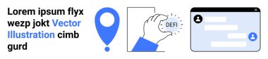 Navigasyon, kripto para birimi, fintech, iletişim, kullanıcı arayüzü, dijital araçlar. Konum şifresi, Defi parası tutan bir el ve sohbet arayüzü içeriyor. Navigasyon ve kripto para birimi çizildi
