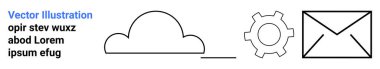 Üst üste dizilmiş bir bulut, bir dişli ve zarfın minimalist siyah çizgisi. Teknoloji için ideal, bulut hesaplama, otomasyon, e-posta, sistem entegrasyonu, üretkenlik basit iniş sayfası
