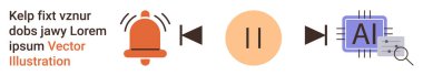 Teknoloji, dijital iletişim, yapay zeka işleme, otomasyon, alarmlar, yenilik. Elementler arasında bir alarm zili, durdurma düğmesi ve yapay zeka çipi yer alıyor. Teknoloji ve dijital iletişim