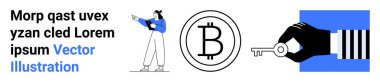 Detayları inceleyen kadın, daireler çizen Bitcoin logosu dijital cüzdan güvenliği için anahtarla birlikte. Engelleme zinciri, kripto para birimi, finans, dijital yenilik, fintech, yatırım sade iniş sayfası için ideal