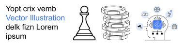Stratejik planlama, finansal büyüme, yapay zeka, yenilik, dijital dönüşüm, karar verme. Satranç piyonu, yapay zekalar ve dijital ağ simgeleri. Stratejik planlama