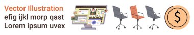 İş yeri tasarımı, dijital platformlar, e-ticaret, profesyonel koltuklar, iş aletleri, sanal toplantılar. Profilleri, sandalyeleri ve bir dolar sembolü olan bilgisayar ekranı. İşyeri tasarımı ve dijital