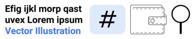 Üstveri etiketi sembolü, dikişli cüzdan, büyüteç ve temiz düzende yer tutucu metin. Teknoloji, finans, arama, organizasyon, markalaşma minimalizmi ve basit iniş sayfası için ideal