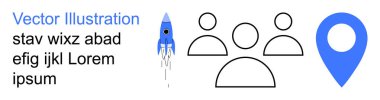 Yenilik, takım çalışması, navigasyon, teknoloji, girişimler, fikirler. Rocket, grup simgesi mavi lokasyon şifresi ve yer tutucu metin dahil. Yenilik ve takım çalışması kavramları vurgulandı