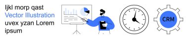 Veri analizi, proje yönetimi, zaman izleme, iş araçları, müşteri ilişkileri yönetimi, verimlilik. Bir grafik, saat ve CRM dişli ikonu üzerinde veri sunan kişi. Veri analizi