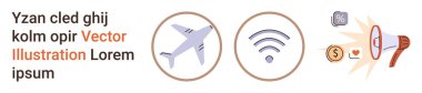 Hava yolculuğu, kablosuz iletişim, dijital pazarlama, çevrimiçi hizmetler, küresel bağlantı, e-ticaret. Uçak, kablosuz sinyal ve ilgili simgelerle megafon. Hava yolculuğu ve kablosuz