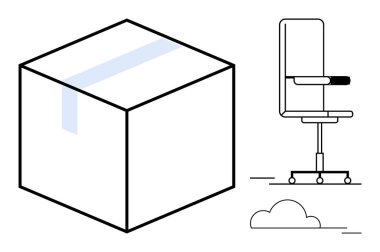 Ofis alanı, mobilya tasarımı, çalışma ortamı, minimalizm, yaratıcılık, soyut dekor. Kübik bir şekil ve tekerlekli bir ofis sandalyesi. Ofis alanı ve mobilya tasarımı kavramı