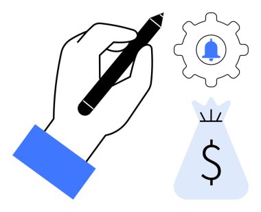 Zil ve para çantalı kalemle el yazısı. Üretkenlik, mali planlama, bilgilendirme sistemleri, görev yönetimi, yaratıcı çalışma, hedef belirleme, dijital iş akışı temaları için ideal