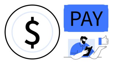 Dijital ödemeler, finansal işlemler, e-ticaret, çevrimiçi hizmetler, modern teknoloji, döviz kuru. Dolar sembolü, tabletli paralı metin adamı ve el hareketi. Dijital ödemeler