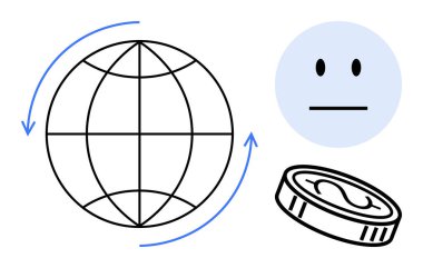 Küresel ekonomi, ticaret, finans, küreselleşme, dünya para birimi, ekonomik sistemler. Oklu, bozuk paralı ve tarafsız yüzlü bir küre. Küreselleşme ve ticaret