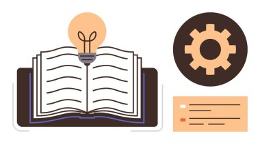 Eğitim, yaratıcılık, problem çözme, yenilik, bilgi paylaşımı, profesyonel eğitim. Bir ampul ve bir bilgi bloğu ile bitişik dişli ikonu ile kitabı aç. Eğitim ve yaratıcılık