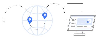 Ağ bağlantısı, dijital veri paylaşımı, çevrimiçi işbirliği, küresel iletişim, yer izleme, yazılım arayüzü. Konum şifreli dünya ve bilgiyi gösteren bir ekran. Ağ