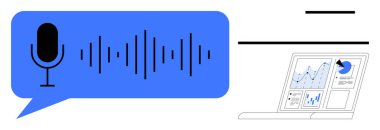 Yapay zeka, veri analizi, ses tanıma, dijital iletişim, iş sezgileri, uzaktan çalışma. Mikrofon ikonu ve analitik gösterge paneli. Ses tanıma ve veri analizleri