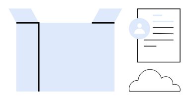 Veri yönetimi, bulut depolama, dijital çözümler, organizasyon, dosya paylaşımı, modern teknoloji. Kutuyu aç, kullanıcı profili simgesi bulut sembolü ve belgesi. Veri yönetimi ve bulut depolama kavramları