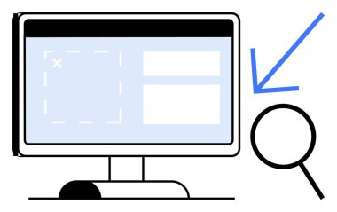 Bilgisayar monitörü web sayfası düzenini büyüteçle gösteriyor. Araştırma, analitik, keşif, UX tasarımı, veri analizi, kullanıcı testi, navigasyon için ideal. Basit düz metafor