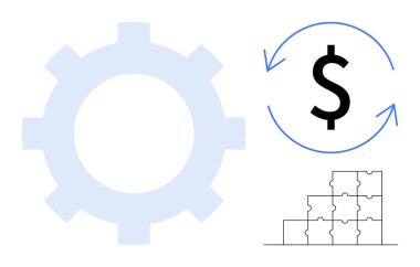 Finansal büyüme kavramı. Görsel unsurlar arasında vites operasyonları, finans için bir dolar işareti ve bulmaca parçaları stratejisi yer alıyor. İş, yönetim, yenilik ve süreç için mali büyüme