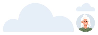 Dijital iletişim, web hizmetleri, takım çalışması, profil tanımlaması, modern teknoloji, bulut hesaplama. Yanında dişi bir avatar ikonu olan büyük, yumuşak kenarlı bir bulut. Bulut hesaplama ve web hizmetleri