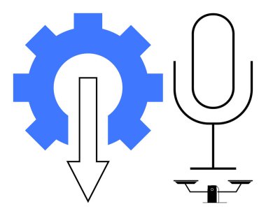 Yapay zeka, ses kontrolü, otomasyon, ses teknolojisi, makine eğitimi, robot bilimi. Mavi dişli, aşağı doğru ok mikrofon terazisi. Ses kontrolü ve otomasyon kavramı