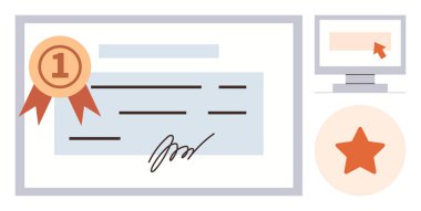 Sertifika, dijital öğrenme, profesyonel başarı, çevrimiçi kurslar, akreditasyon, beceri geliştirme. Kurdele rozetli bir sertifika, yıldız ve bilgisayar simgesi. Sertifika ve çevrimiçi öğrenim