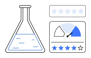 Kalite değerlendirme konsepti. Laboratuvar şişesi, reytingler ve performans göstergesi ile çizilmiş kalite. Test için kalite güvencesi, değerlendirmeler, ürün değerlendirmeleri, performans değerlendirmeleri. Geniş uygulamalar