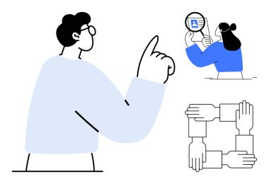 Takım çalışması konsepti. Takım çalışması işbirliğini, karşılıklı desteği ve ortak hedefleri destekliyor. Takım çalışması birbirine kenetlenmiş eller, kimlik doğrulama ve kooperatif eylemlerle resmedilir. HR için liderlik.