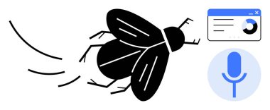 Haşere kontrolü, veri analizi, yapay zeka, ses tanıma, teknolojik yenilik, verimlilik araçları. Mikrofon ve grafik ikonunun yanında hareket çizgileri olan siyah bir sinek. Haşere kontrolü ve ses