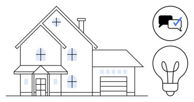 Çatı ve pencereleri perdeli bir ev, garaj kapısı, kontrol işaretli konuşma balonu ikonları ve ampul. Gayrimenkul, iletişim, yenilik, akıllı ev, mimari enerji için ideal