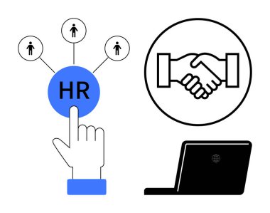 İnsan kaynakları konsepti. Adam toplama ikonlarıyla insan kaynakları yönetimi, işbirliği için tokalaşma ve dizüstü bilgisayar dijital araçları. İşe alım, takım çalışması, iş iletişimi ve insan kaynakları için ideal