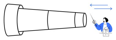 Teleskop geleceği sembolize ediyor, kadın elinde kağıt ve işaretle talimat ya da rehberlik öneriyor. Strateji, öngörü, eğitim, liderlik, öğretim, analiz için ideal