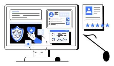 Sağlık yönetimi araçlarını gösteren bilgisayar ekranı, kullanıcı profilleri, analitik ve güvenlik özellikleri artırılmış kullanıcı reytingleri. Sağlık, teknoloji, veri güvenliği, kullanıcı deneyimi için ideal