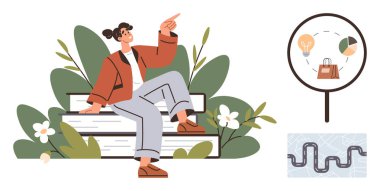 Kariyer eğitimi, perakende stratejisi, yenilik, kişisel büyüme, öğrenme süreci, tüketici sezgileri. Yukarıya bakan kitapların üzerine oturmuş, alışveriş sembolleri gösteren büyüteç takmış bir kadın. Kariyer eğitimi