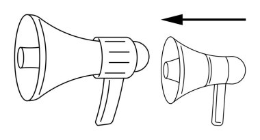 İletişim konsepti. Yönsel ok mesajı akışı ve amplifikasyonu olan megafonlar. İletişim sembolü bilgi akışı ve yayın. Pazarlama, medya, sosyal yardım, topluluk önünde konuşma