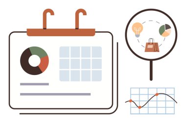 İş planlaması, veri analizi, pazarlama stratejisi, proje izleme, satış optimizasyonu, rapor sunumu. Grafikli bir takvim, ikonlu büyüteç ve çizgi çizelgesi. İş dünyası