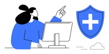 Sağlık, siber güvenlik, dijital hizmetler, online sağlık, tıbbi sistemler, veri koruması. Bilgisayardan kalkanını haçla gösteren bir kadın. Sağlık ve siber güvenlik kavramı