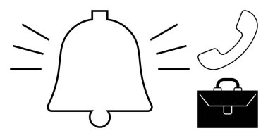 Bildirim sistemleri, işyeri iletişimi, iş uyarıları, hatırlatıcılar, üretkenlik araçları, dijital uyarılar. Basit zil, telefon ahizesi ve evrak çantası simgeleri. Bildirim sistemleri