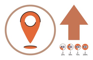 Navigasyon, ilerleme takip, yön, iş büyümesi, yer belirleme, başarı ölçümü. Konum iğnesi, yukarı doğru ok ve ilerleme göstergeleri. Navigasyon ve ilerleme izleme kavramı