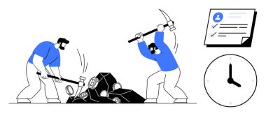 Kayaları kırmak için kazma ve çekiç kullanan iki kişi, arka planda kontrol listesi ve saat var. Çalışma, üretkenlik, zaman yönetimi, takım çalışması, hedef belirleme, iş ahlakı, basit düz metafor