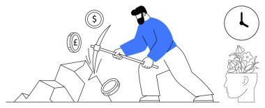 Adam kazmayı yüzen bozuk paralarla, saatlerle ve yeni fikirlerle taşlardan zenginlik çıkarmak için kullanıyor. Üretkenlik, zaman yönetimi, yenilik, mali büyüme ve madencilik için ideal