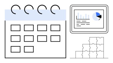 İş planlama konsepti. Takvim, analitik gösterge paneli ve bulmaca parçaları planlama, strateji ve organizasyonu vurguluyor. Hedefler, üretkenlik, takım çalışması ve yönetim için iş planlaması