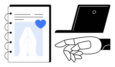 Technology, automation, innovation, compassion, modern communication, digital design. Notebook with heart, robotic hand and laptop. Technology and automation universally