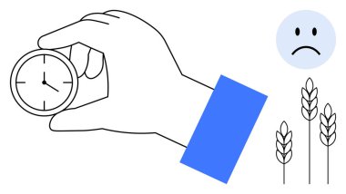 Zaman yönetimi sembolü. Hüzünlü yüz ve buğdayla eşleştirilmiş, tarımsal veya gıda üretim sorunlarını yansıtan bir saat yönetimini tutan bir el. İş, tarım ve verimlilik için.